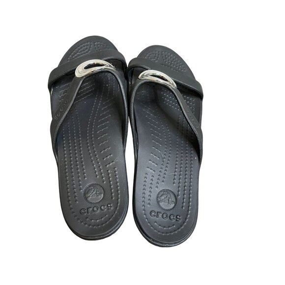 Crocs Sanrah Black Beveled Circle Flat Slide Sandal Women Size 8 Discontinued - Picture 6 of 12